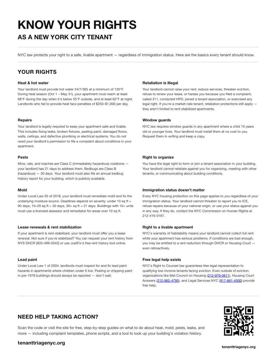 Preview of the detailed Know Your Rights flier — a one-page rundown of NYC tenant rights with QR code