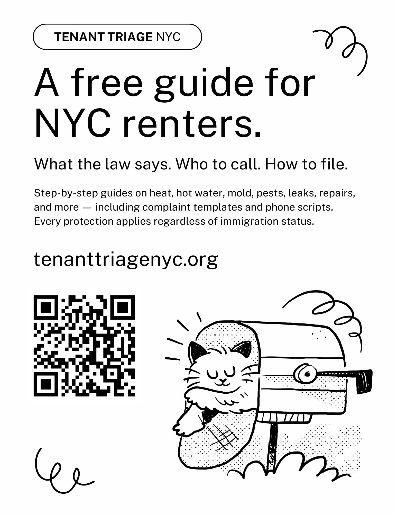 Hand-drawn flier with a cat in a mailbox holding ice cream, with the URL tenanttriagenyc.org and a QR code